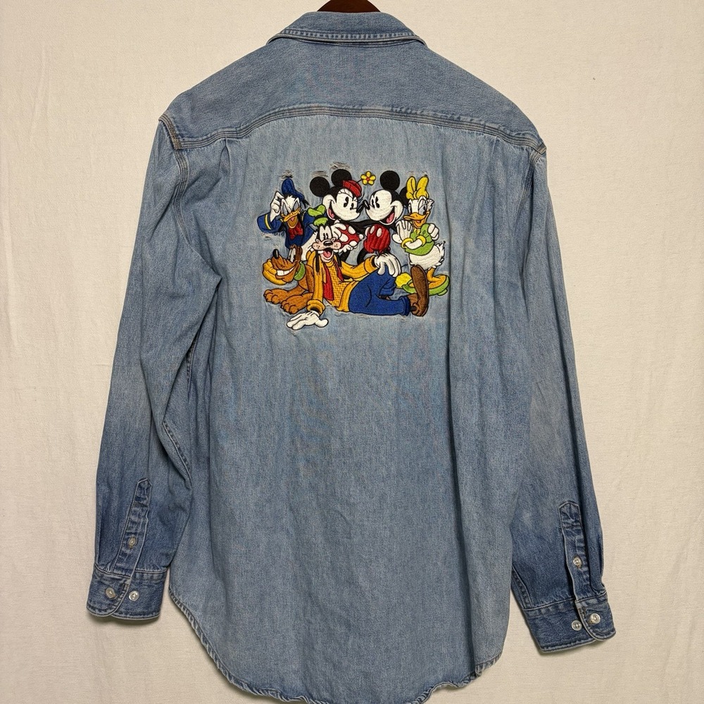 Vtg 90s Disney Store Button Up Embroidered Long Sleeve Shirt Mickey & Friend Med